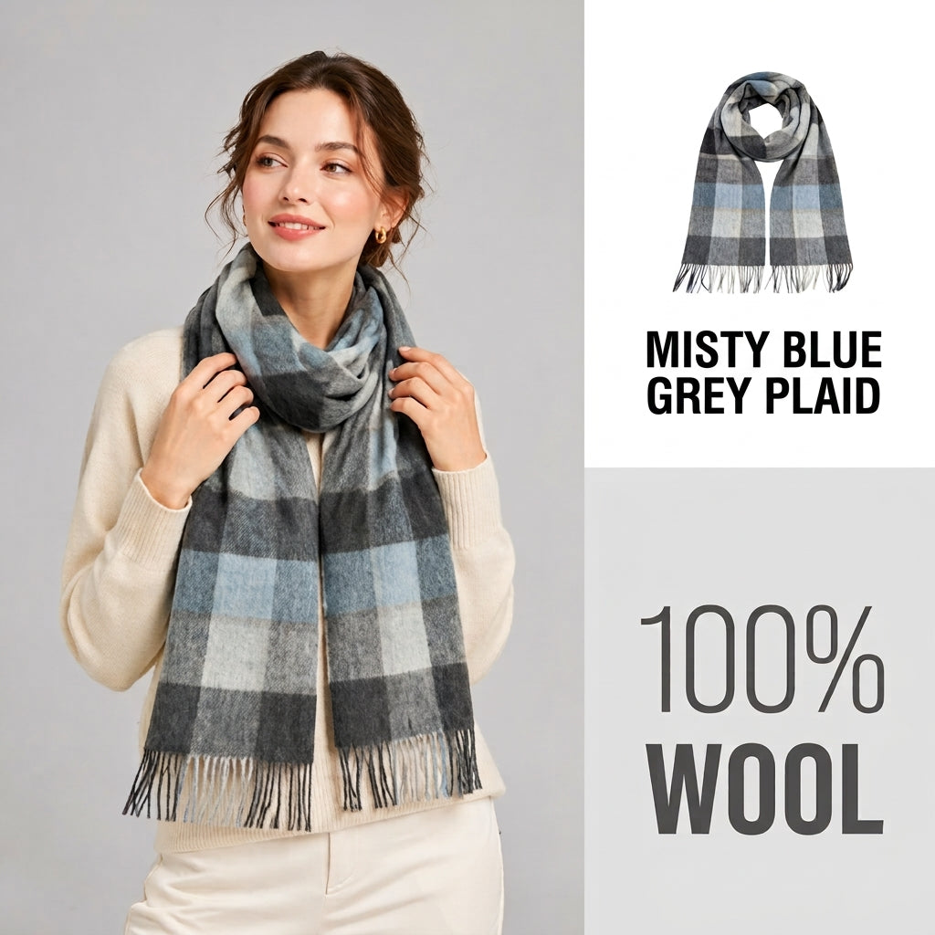 100% Pure Wool Plaid Scarf - Unisex Soft Warm Winter Tassel Checkered Shawl & Gift