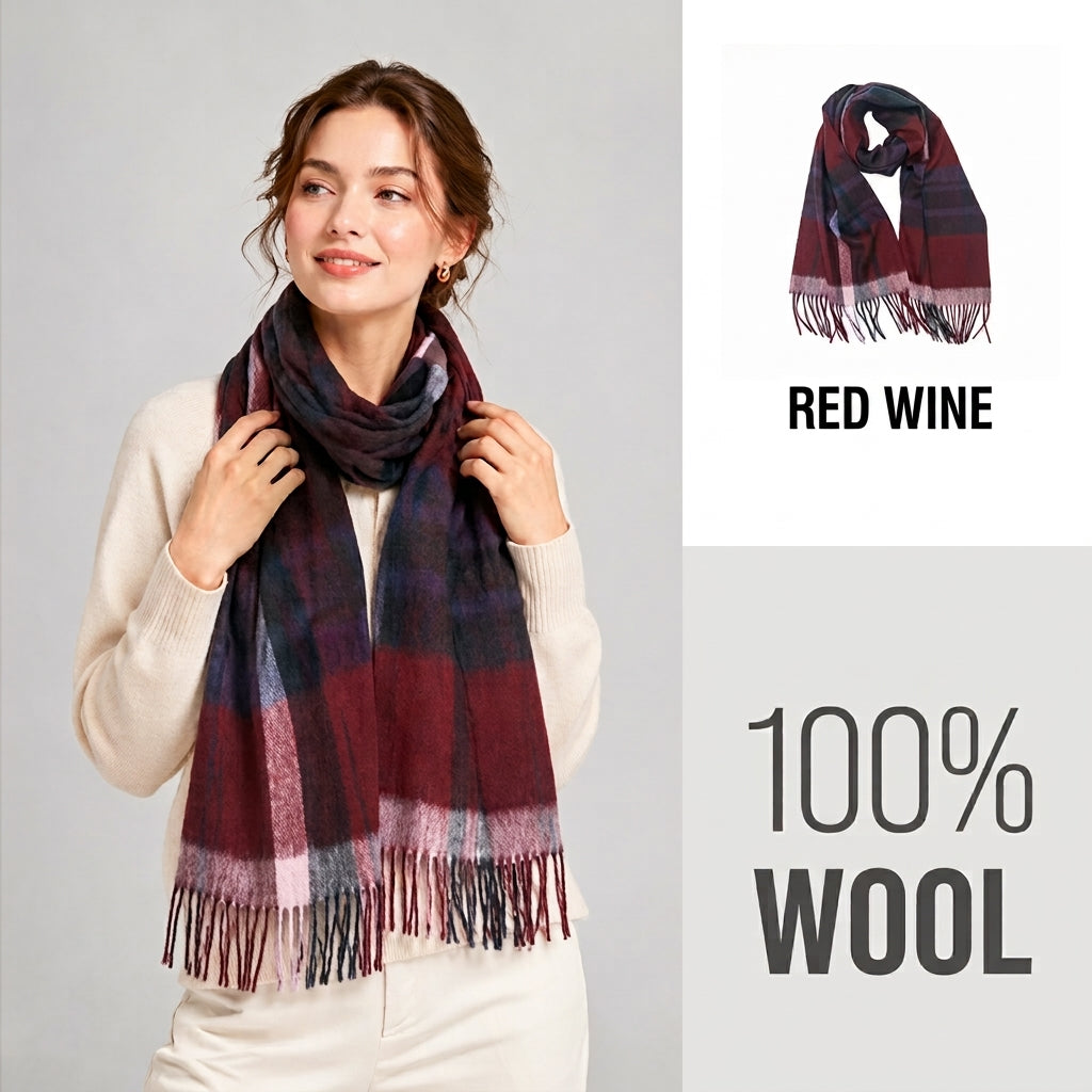 100% Pure Wool Plaid Scarf - Unisex Soft Warm Winter Tassel Checkered Shawl & Gift