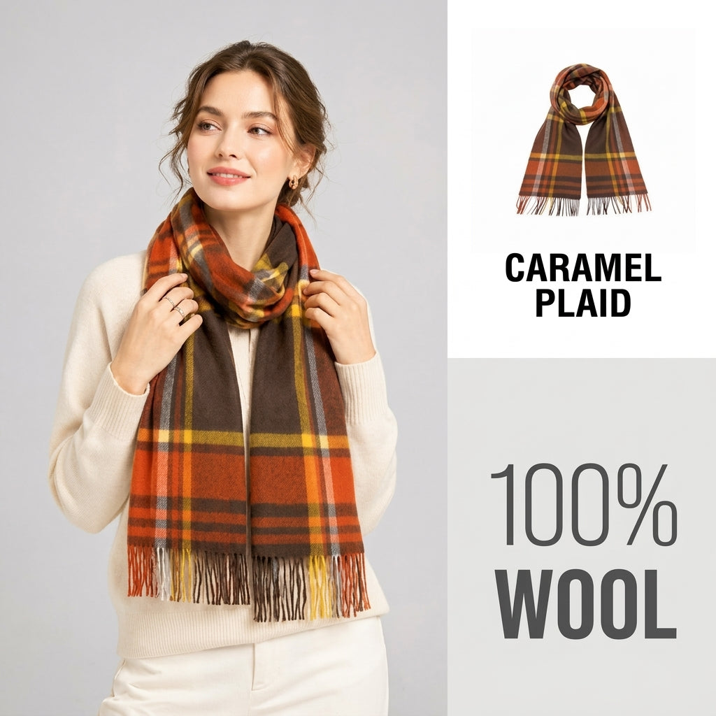 100% Pure Wool Plaid Scarf - Unisex Soft Warm Winter Tassel Checkered Shawl & Gift