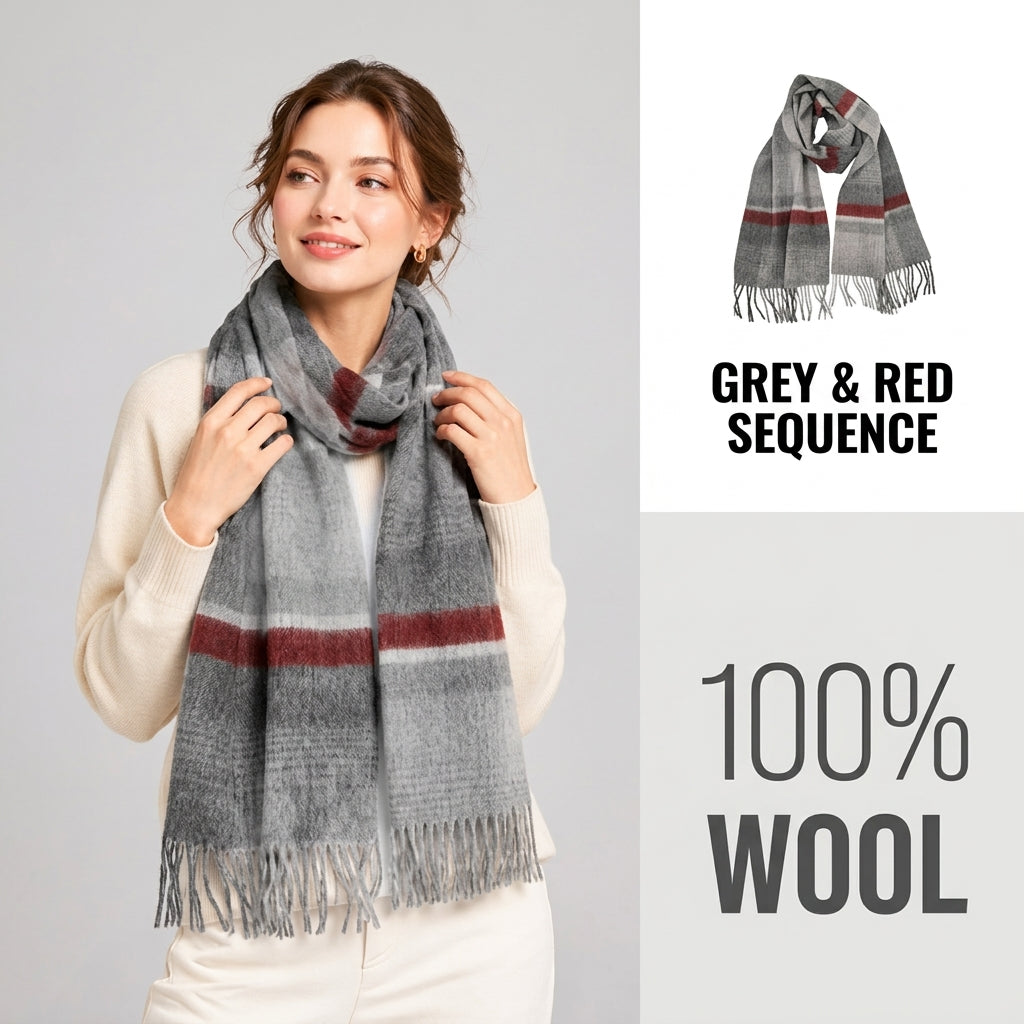 100% Pure Wool Plaid Scarf - Unisex Soft Warm Winter Tassel Checkered Shawl & Gift