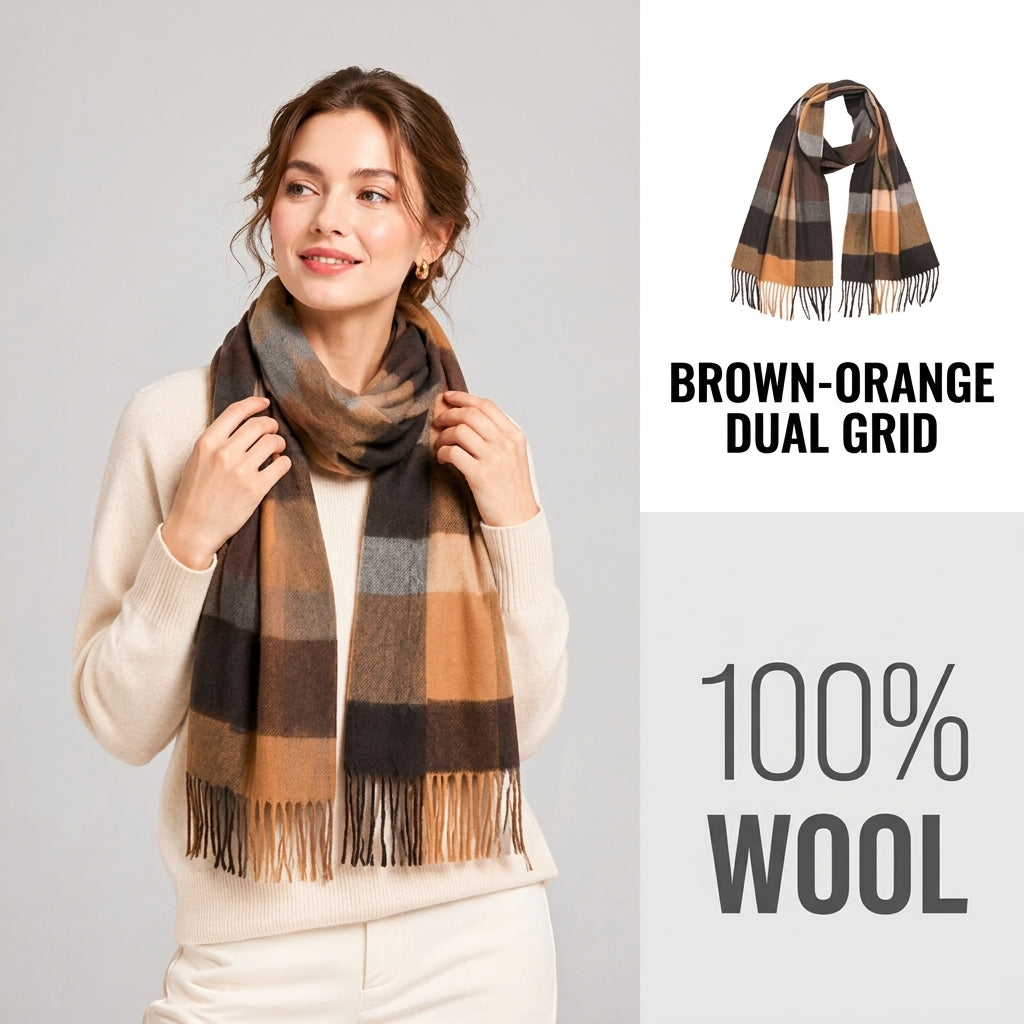 100% Pure Wool Plaid Scarf - Unisex Soft Warm Winter Tassel Checkered Shawl & Gift