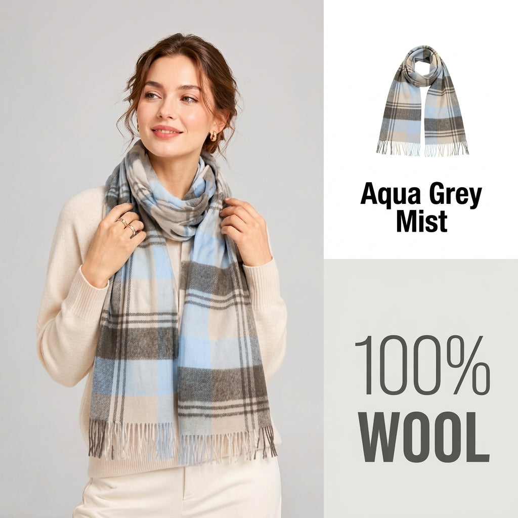 100% Pure Wool Plaid Scarf - Unisex Soft Warm Winter Tassel Checkered Shawl & Gift