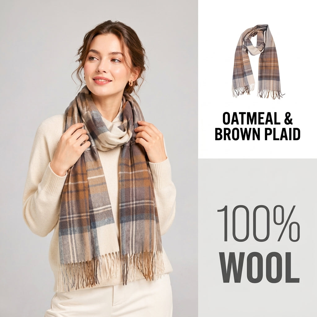 100% Pure Wool Plaid Scarf - Unisex Soft Warm Winter Tassel Checkered Shawl & Gift