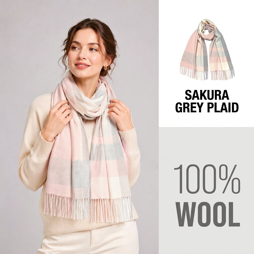 100% Pure Wool Plaid Scarf - Unisex Soft Warm Winter Tassel Checkered Shawl & Gift