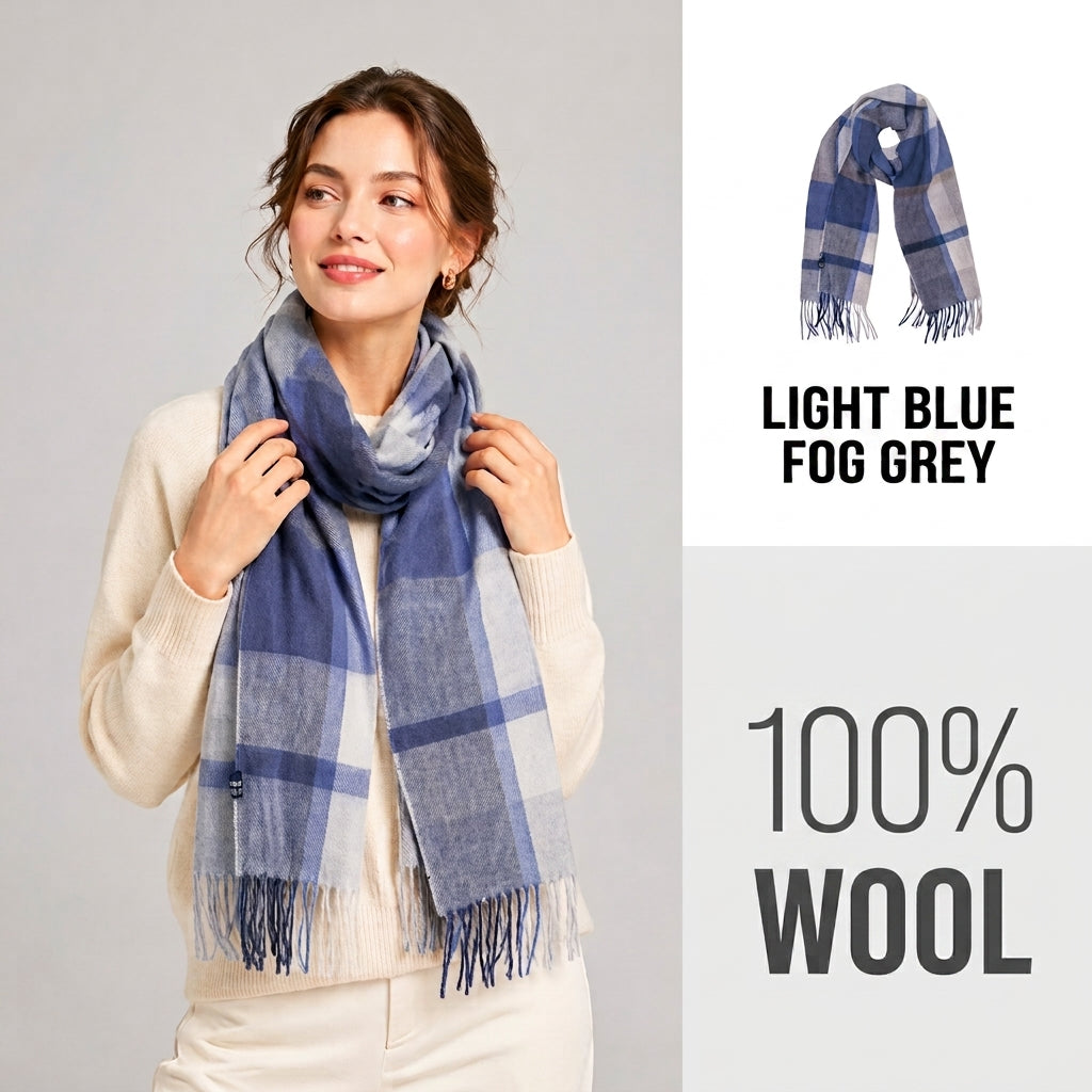 100% Pure Wool Plaid Scarf - Unisex Soft Warm Winter Tassel Checkered Shawl & Gift