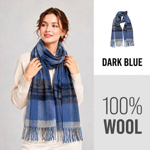 100% Pure Wool Plaid Scarf - Unisex Soft Warm Winter Tassel Checkered Shawl & Gift