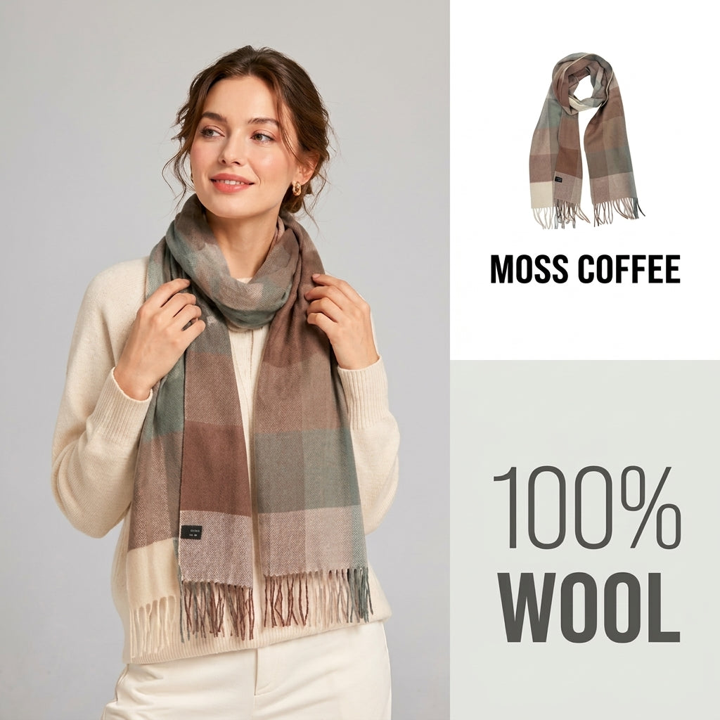 100% Pure Wool Plaid Scarf - Unisex Soft Warm Winter Tassel Checkered Shawl & Gift