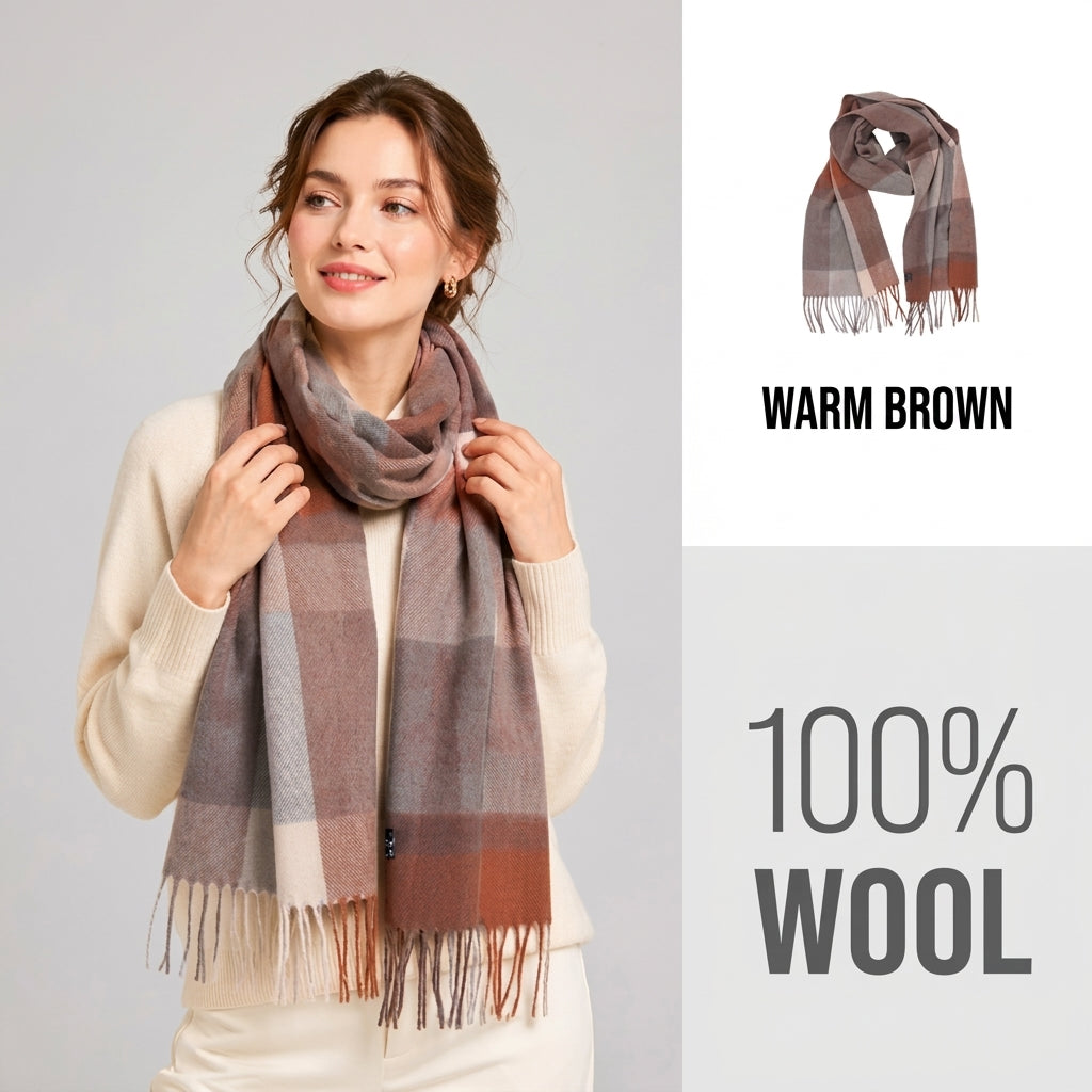 100% Pure Wool Plaid Scarf - Unisex Soft Warm Winter Tassel Checkered Shawl & Gift