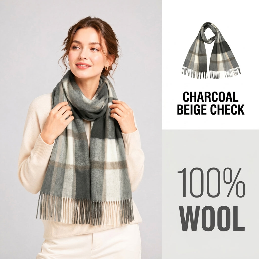100% Pure Wool Plaid Scarf - Unisex Soft Warm Winter Tassel Checkered Shawl & Gift