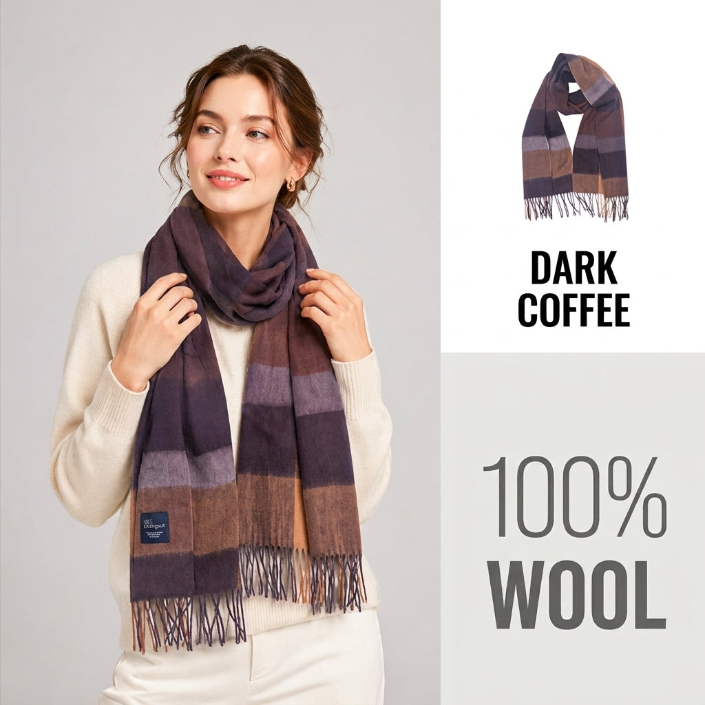 100% Pure Wool Plaid Scarf - Unisex Soft Warm Winter Tassel Checkered Shawl & Gift