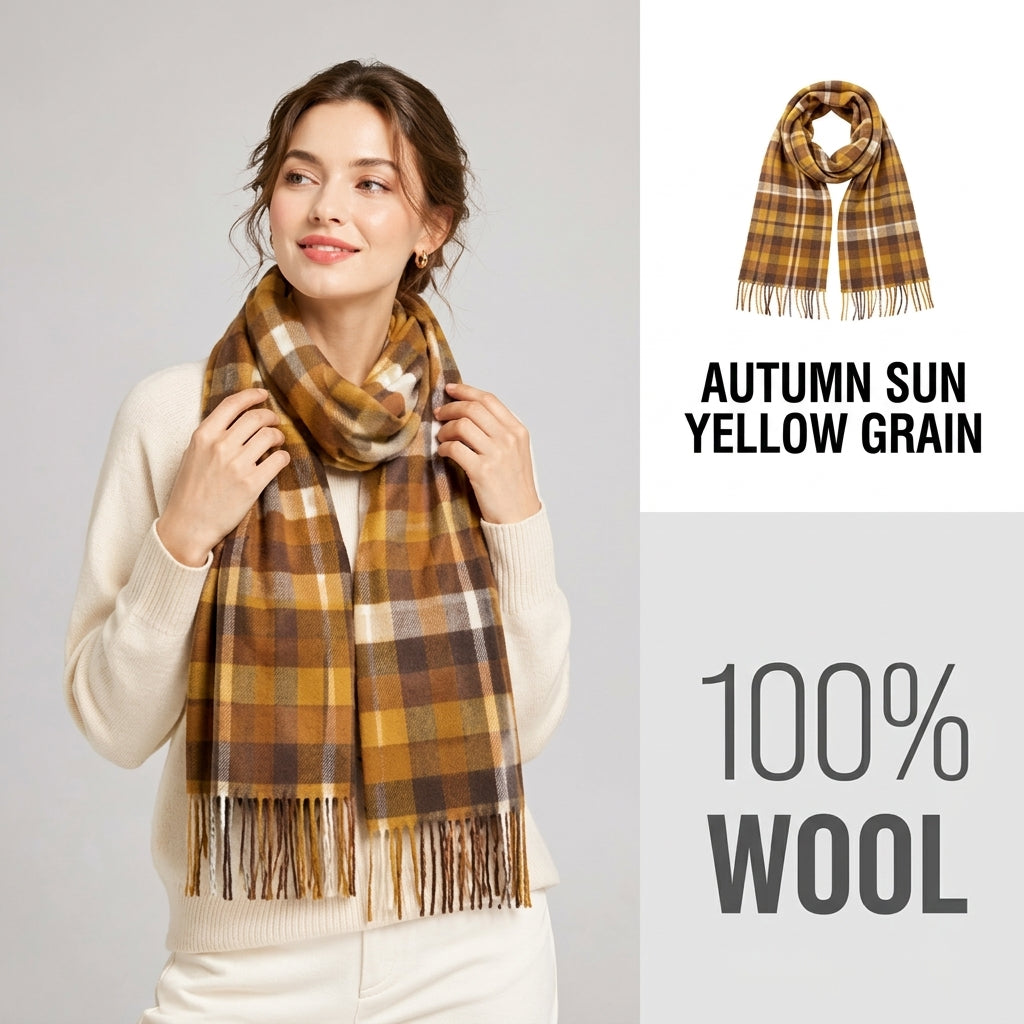 100% Pure Wool Plaid Scarf - Unisex Soft Warm Winter Tassel Checkered Shawl & Gift