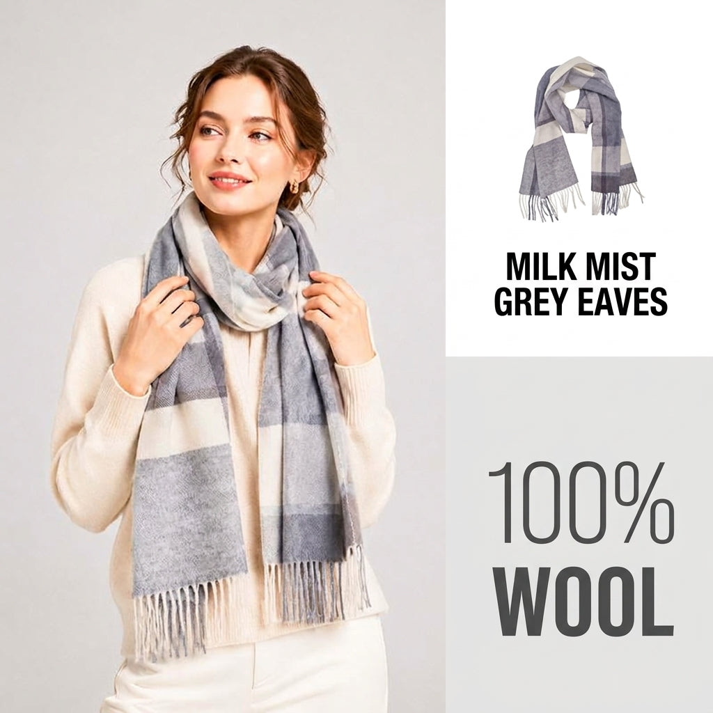 100% Pure Wool Plaid Scarf - Unisex Soft Warm Winter Tassel Checkered Shawl & Gift