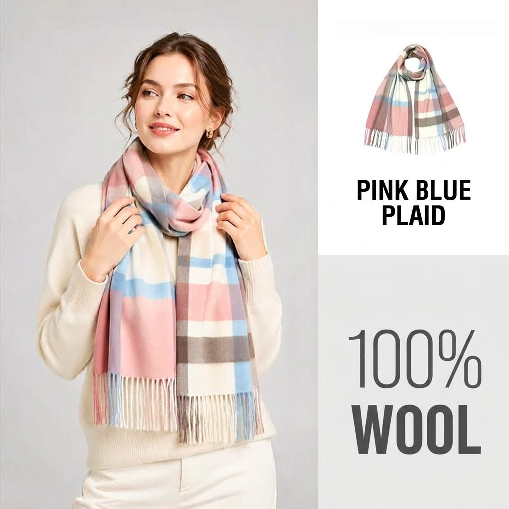 100% Pure Wool Plaid Scarf - Unisex Soft Warm Winter Tassel Checkered Shawl & Gift